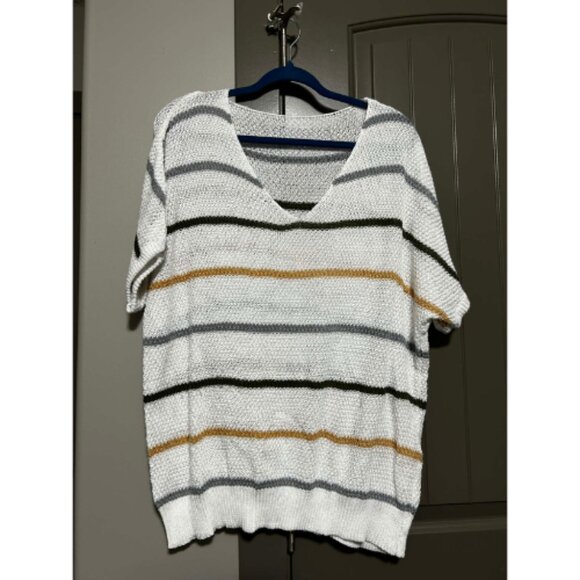 Striped Knit Tunic Sweater Top | Plus Size 1X | Cozy Casual V-Neck - Picture 2 of 4